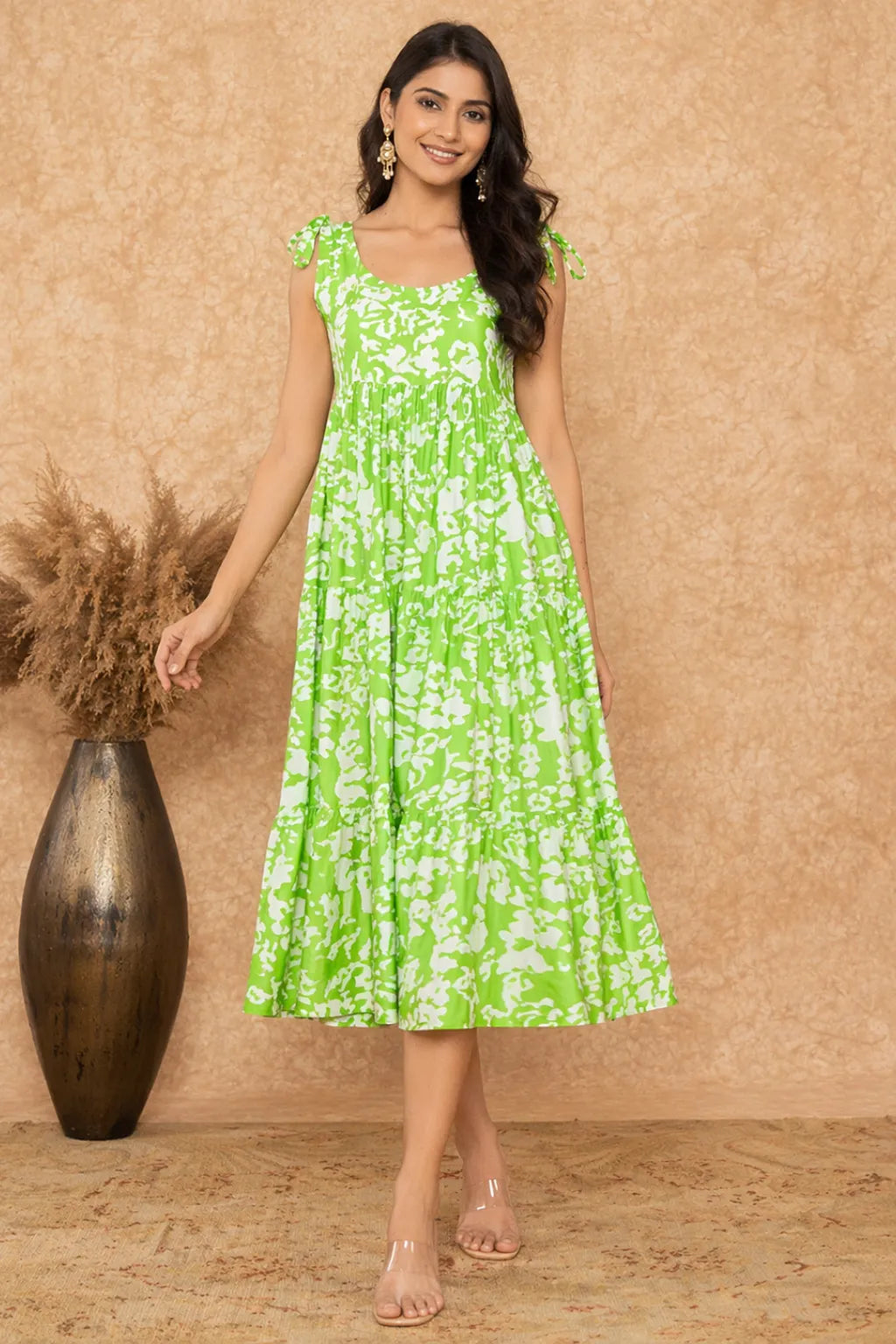 Lime Green Printed A- line Midi Dress