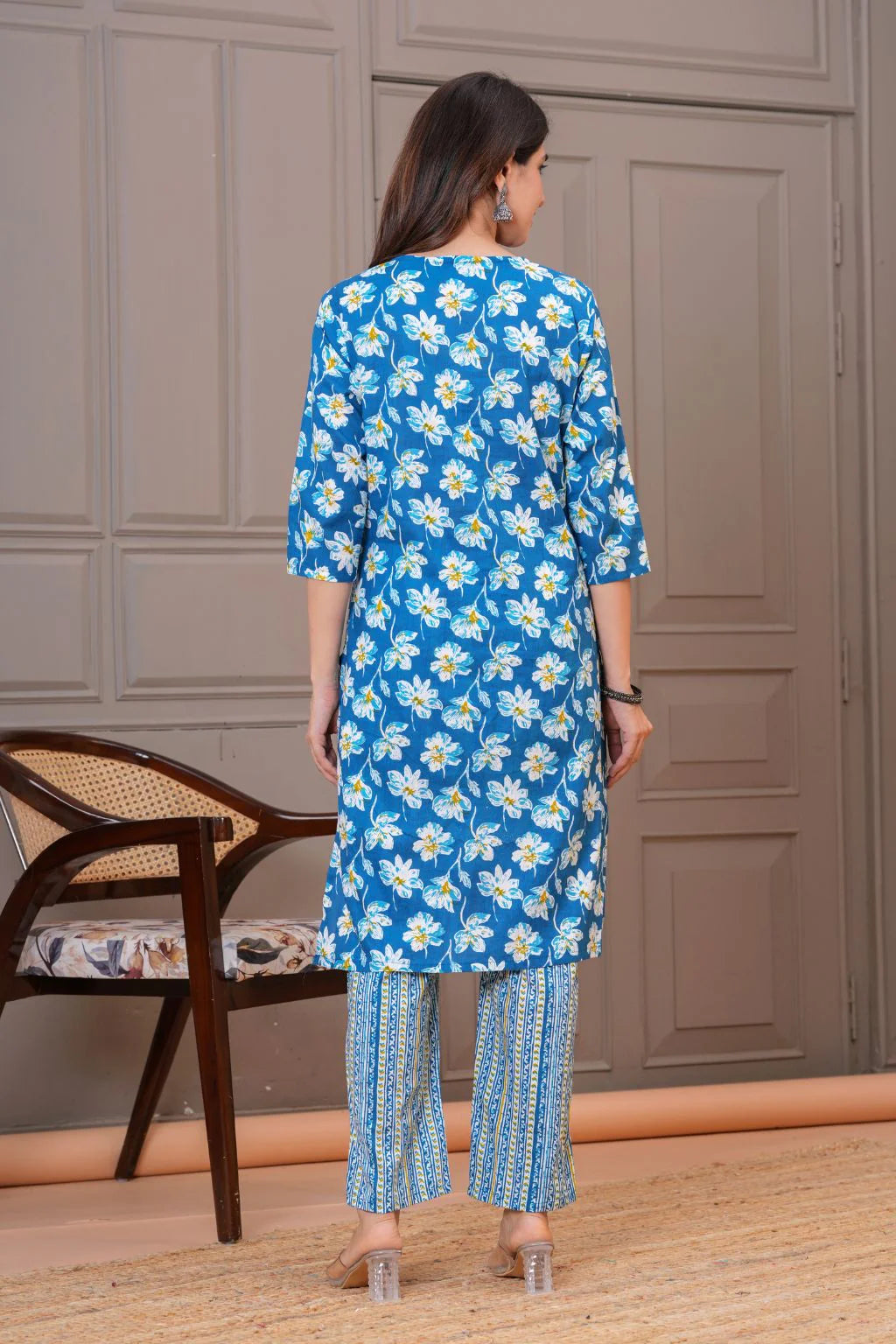 Blue Floral Printed Straight - Fit Cotton Kurta Set