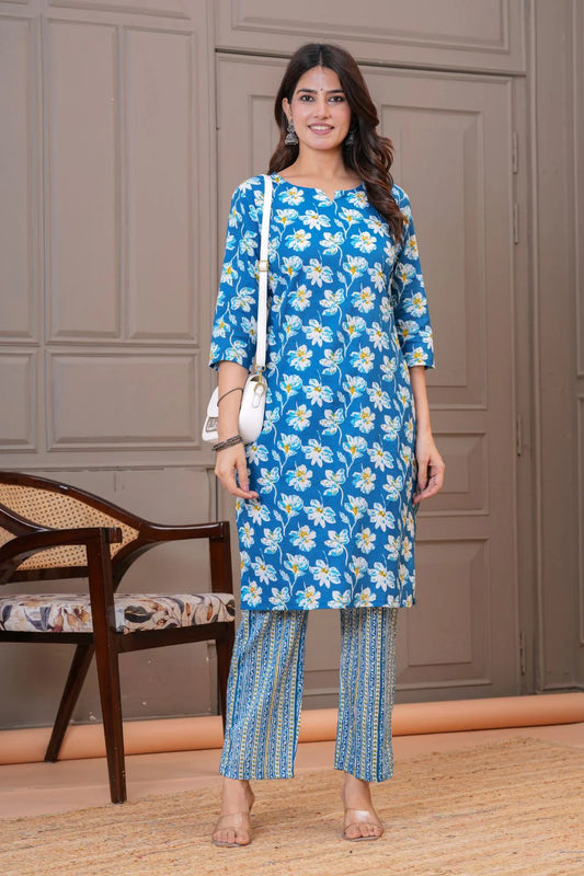 Blue Floral Printed Straight - Fit Cotton Kurta Set