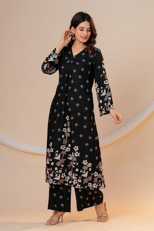 Classic Black V-neck Viscose Rayon Kurta Set