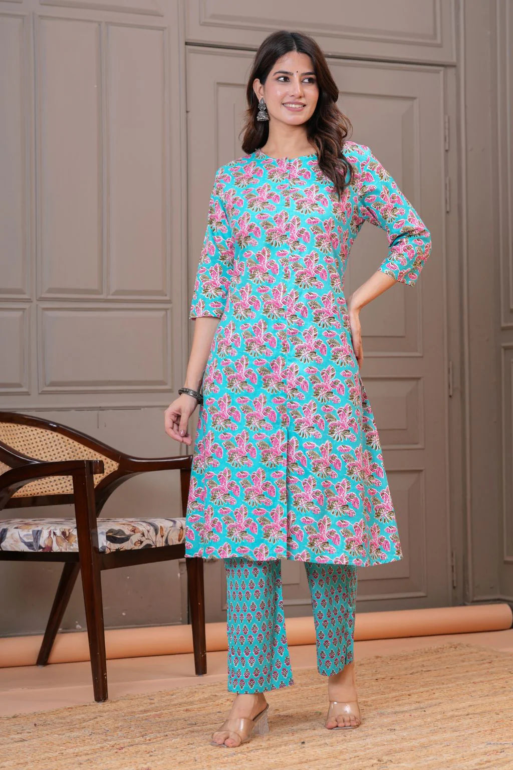 Floral Turquoise Printed Viscose Rayon Kurta Set