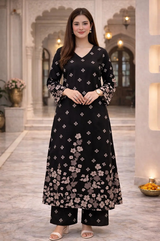 Classic Black V-neck Viscose Rayon Kurta Set