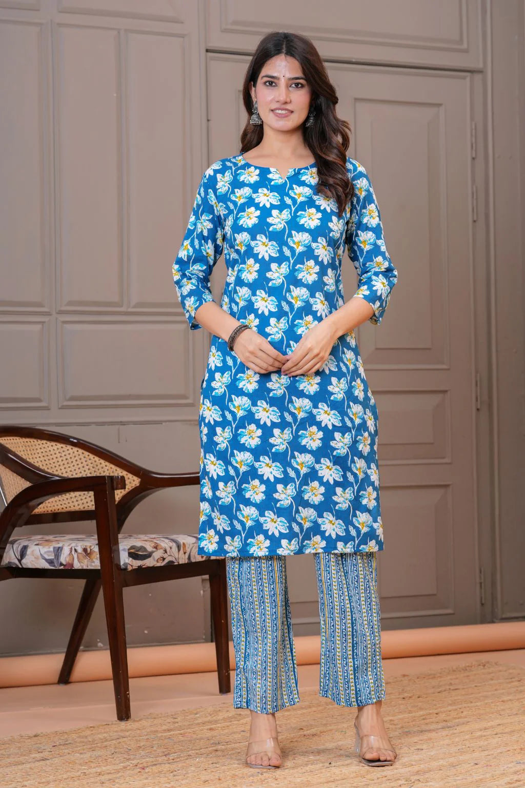 Blue Floral Printed Straight - Fit Cotton Kurta Set
