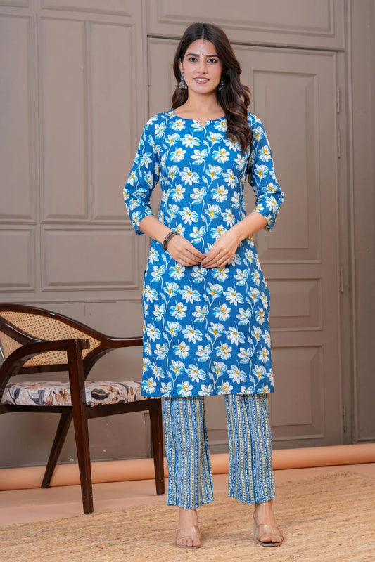 Blue Floral Printed Straight - Fit Cotton Kurta Set