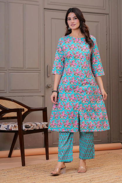 Floral Turquoise Printed Viscose Rayon Kurta Set
