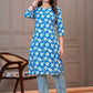 Blue Floral Printed Straight - Fit Cotton Kurta Set