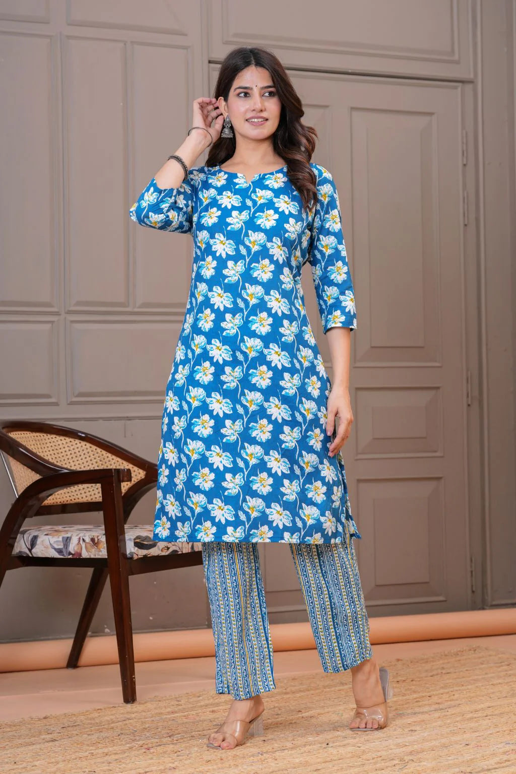 Blue Floral Printed Straight - Fit Cotton Kurta Set