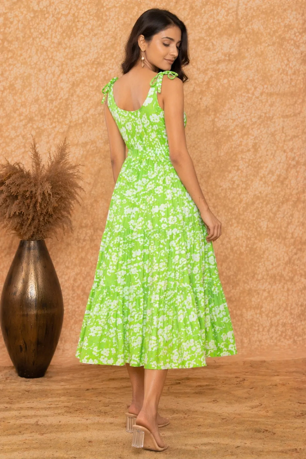 Lime Green Printed A- line Midi Dress