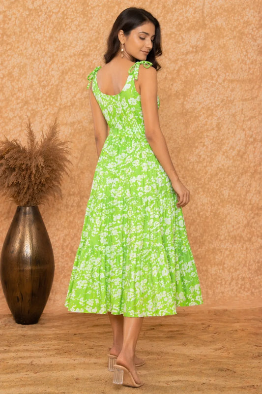 Lime Green Printed A- line Midi Dress