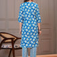 Blue Floral Printed Straight - Fit Cotton Kurta Set