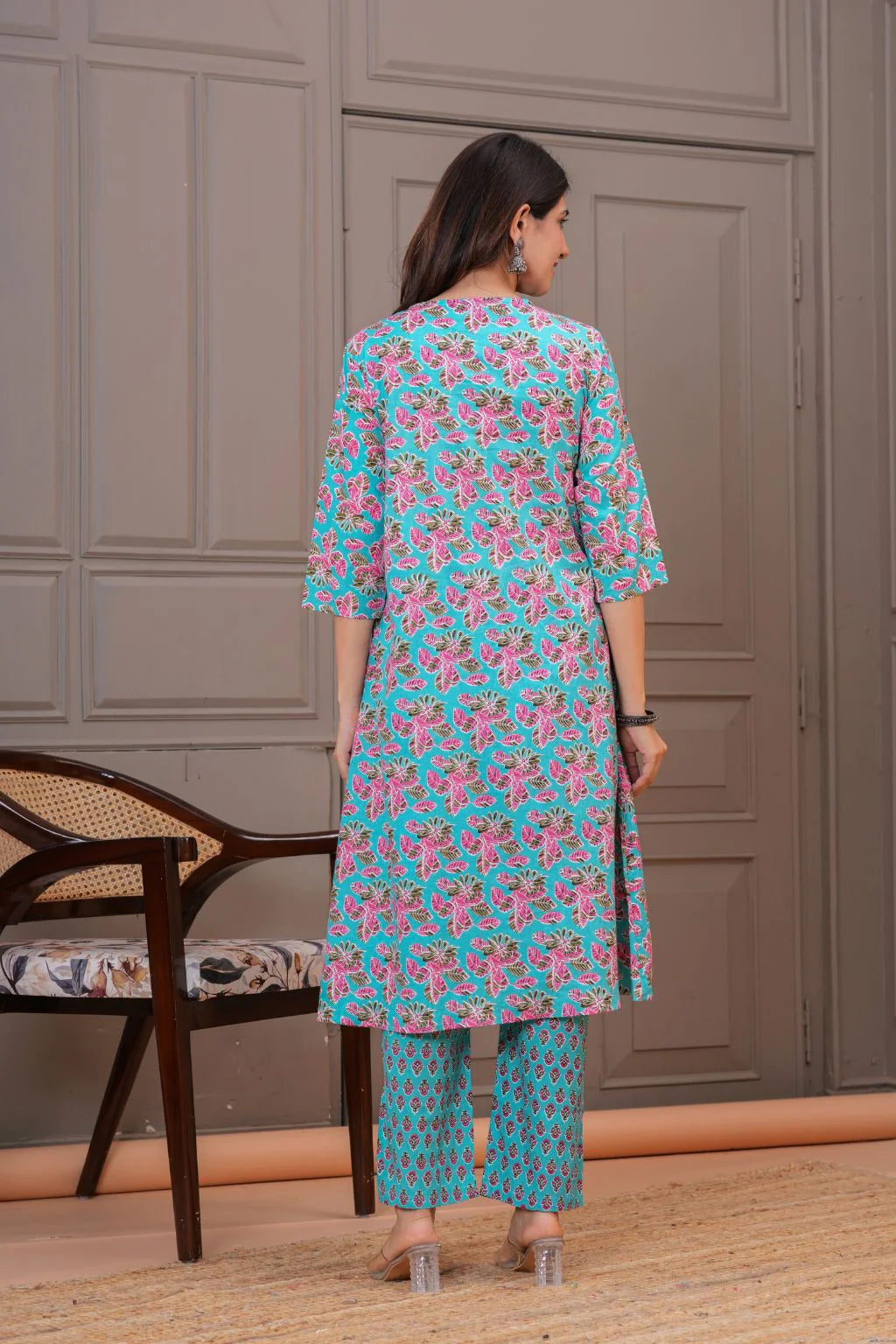 Floral Turquoise Printed Viscose Rayon Kurta Set