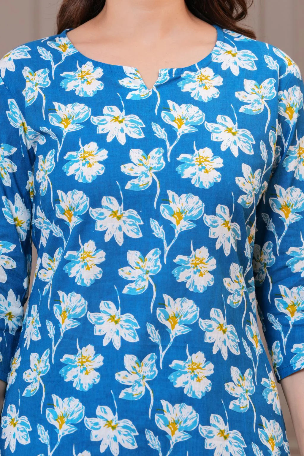 Blue Floral Printed Straight - Fit Cotton Kurta Set
