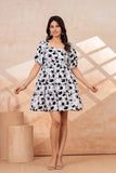 Classic Monochrome Floral Printed Flare Midi - Dress