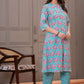 Floral Turquoise Printed Viscose Rayon Kurta Set