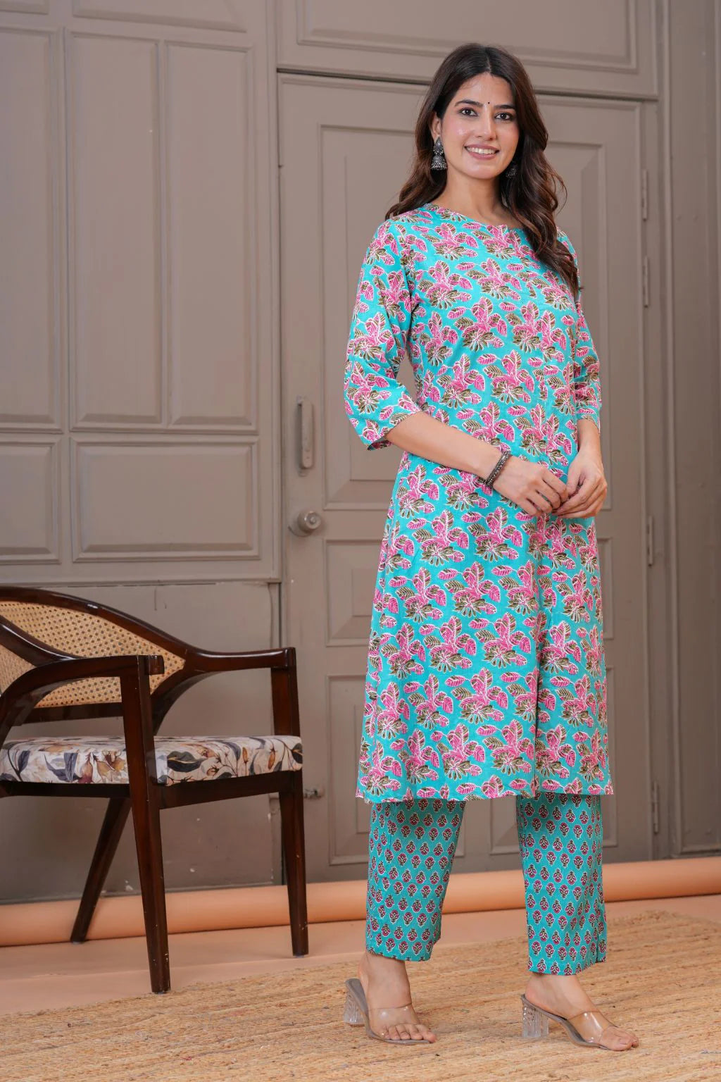 Floral Turquoise Printed Viscose Rayon Kurta Set