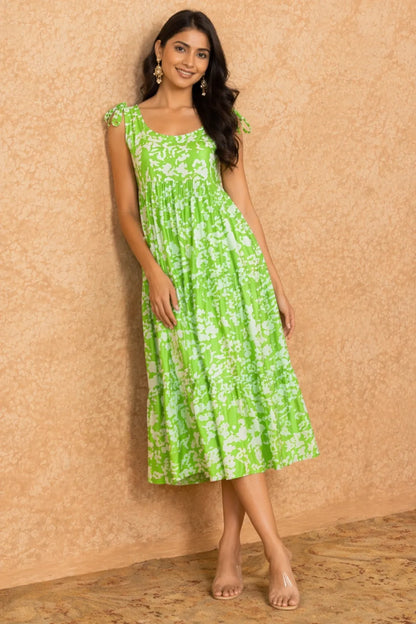 Lime Green Printed A- line Midi Dress
