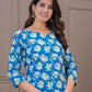 Blue Floral Printed Straight - Fit Cotton Kurta Set