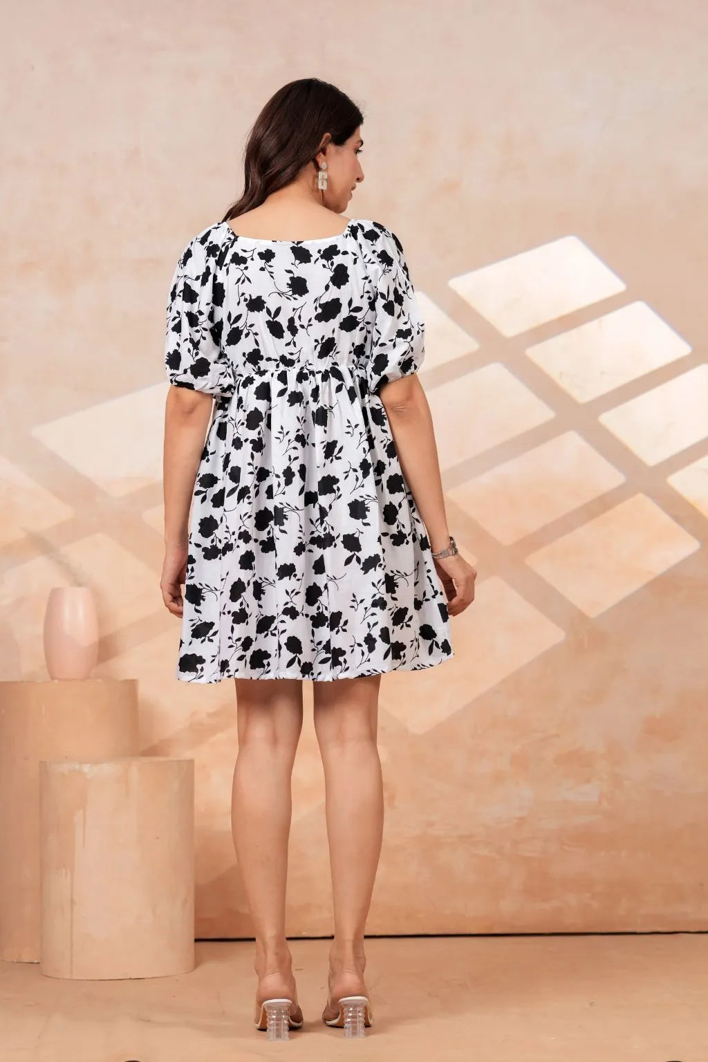 Classic Monochrome Floral Printed Flare Midi - Dress