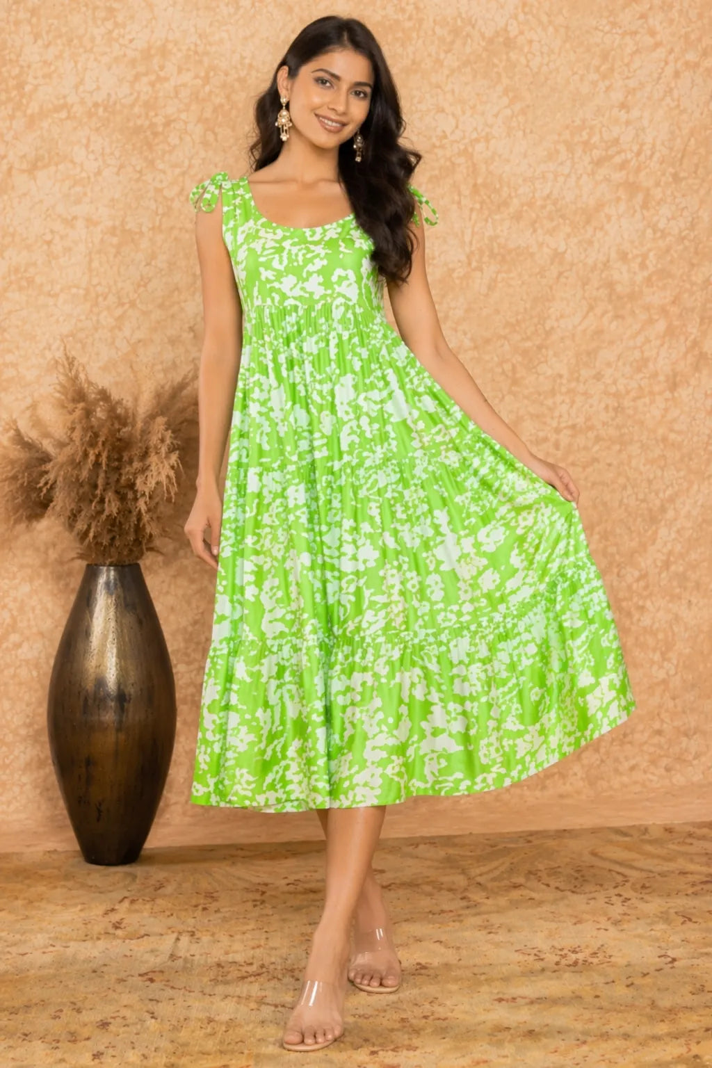 Lime Green Printed A- line Midi Dress