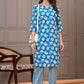 Blue Floral Printed Straight - Fit Cotton Kurta Set