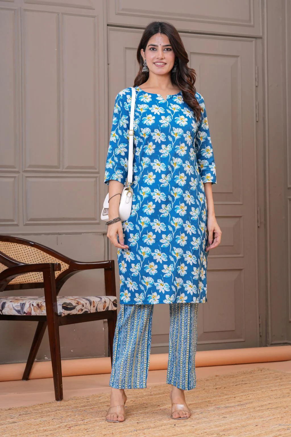 Blue Floral Printed Straight - Fit Cotton Kurta Set