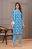 Blue Floral Printed Straight - Fit Cotton Kurta Set