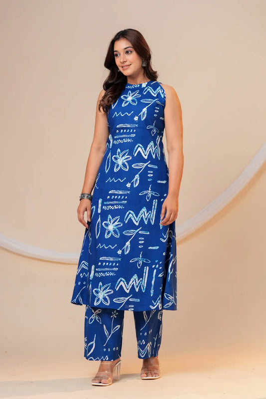 Blue sketch A- line printed Viscose Rayon co-ord set