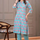 Floral Turquoise Printed Viscose Rayon Kurta Set