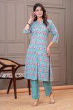 Floral Turquoise Printed Viscose Rayon Kurta Set