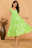 Lime Green Printed A- line Midi Dress