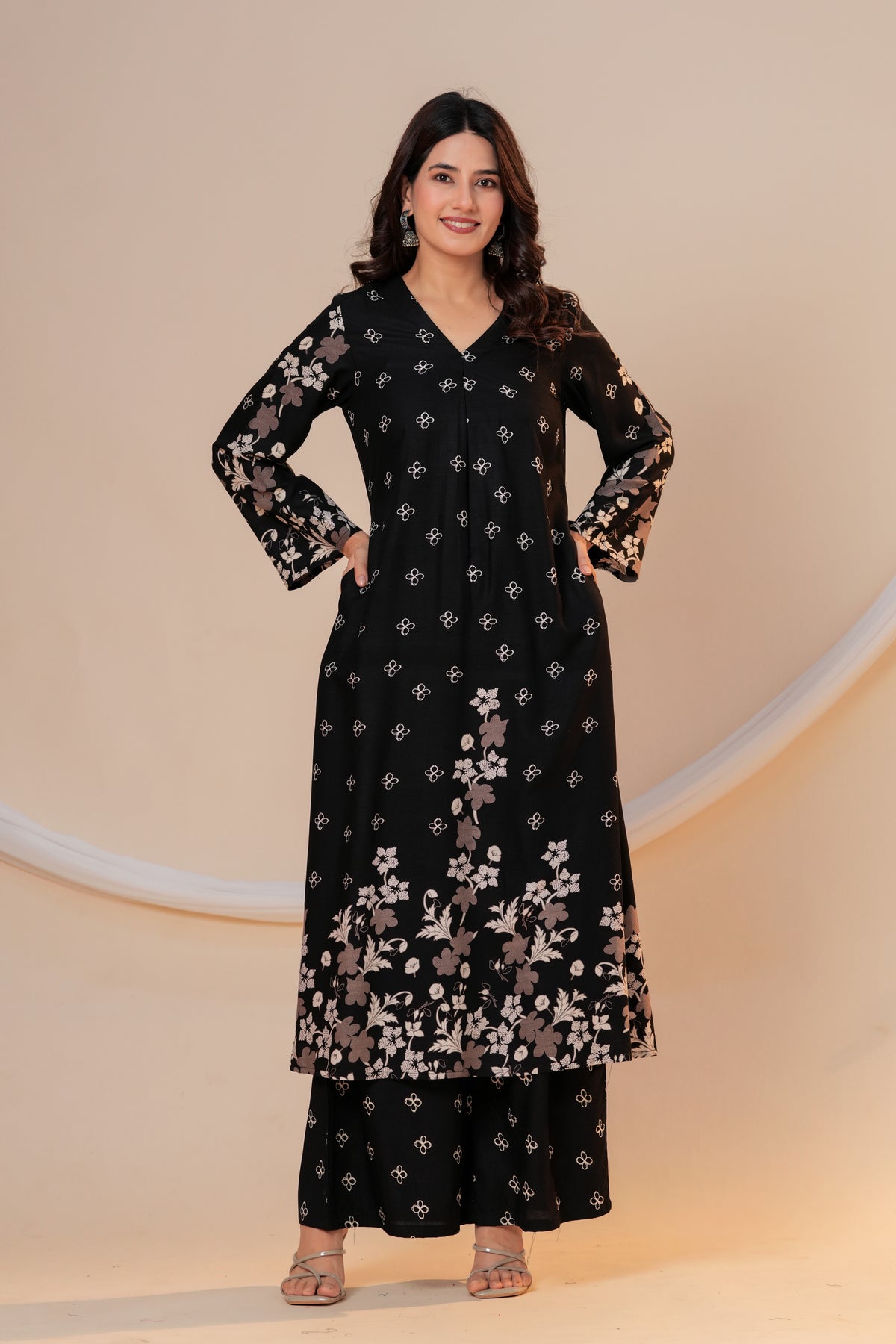 Classic Black V-neck Viscose Rayon Kurta Set