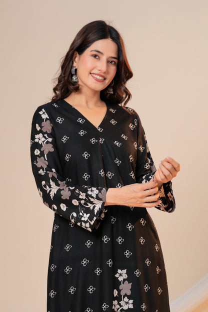 Classic Black V-neck Viscose Rayon Kurta Set