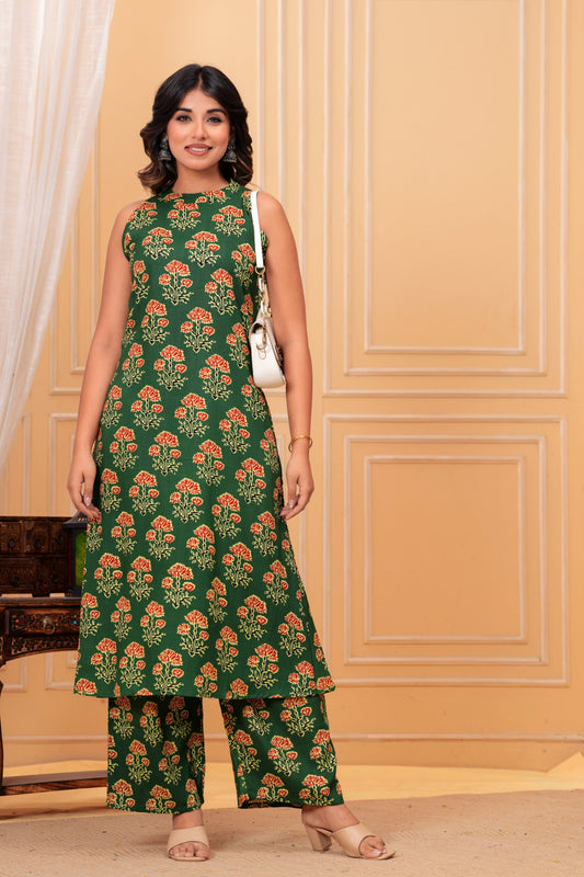 Floral Printed Green Kurta Set with Straight Pants